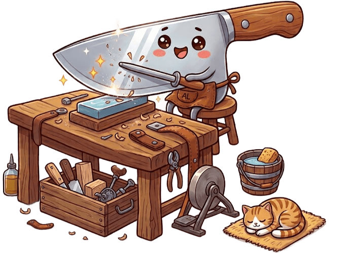 Cuchillo chibi afilándose en su banco de trabajo
